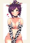  1girl ahoge alternate_costume animal_ears animal_print bikini breasts cow_ears cow_horns cow_print elbow_gloves fake_animal_ears fake_horns gloves hagikaze_(kantai_collection) hairband haoto_(arnica_leaf) heart highres horns kantai_collection long_hair medium_breasts navel orange_eyes print_bikini print_gloves purple_hair solo swimsuit white_bikini white_gloves 