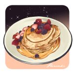  black_background blueberry english_text food food_focus fruit gradient gradient_background le_delicatessen no_humans original pancake pink_background plate raspberry simple_background sparkle stack_of_pancakes still_life strawberry syrup white_background 