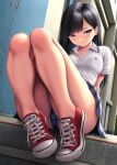  1girl ass black_hair blue_eyes blue_panties blush breasts kase_daiki long_hair original panties polka_dot polka_dot_panties see-through shoes sitting skirt sneakers solo underwear 