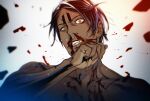  1boy bangs black_hair blood blood_splatter brown_eyes clenched_teeth collarbone dark_skin dark_skinned_male golden_kamuy koito_otonoshin looking_at_viewer male_focus nosebleed nude parted_bangs raised_eyebrows short_hair simple_background solo sweat teeth toned toned_male upper_body w55674570w 