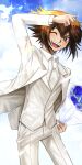 1boy ;d absurdres arm_up blue_flower blue_rose bouquet brown_eyes brown_hair collared_shirt cowboy_shot flower groom highres holding holding_bouquet jacket male_focus medium_hair multicolored_hair natsukusa_(hacho129) necktie one_eye_closed open_clothes open_jacket open_mouth pants rose shirt smile solo two-tone_hair vest white_jacket white_neckwear white_pants white_shirt white_vest wing_collar yu-gi-oh! yu-gi-oh!_gx yuuki_juudai 