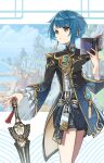  1boy bangs blue_hair blurry blurry_background book chinese_clothes closed_mouth clouds cloudy_sky day earrings eyebrows_visible_through_hair frilled_shirt_collar frilled_sleeves frills genshin_impact harbor highres holding holding_book holding_sword holding_weapon jacket jewelry long_sleeves looking_to_the_side male_focus mountain nyantiu open_book otoko_no_ko short_hair shorts single_earring sky solo sword tassel tassel_earrings vision_(genshin_impact) weapon xingqiu_(genshin_impact) yellow_eyes 