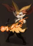  1girl :3 animal_ear_fluff animal_ears animal_nose artist_name black_fur body_fur braixen brown_background closed_mouth commentary_request fire flat_chest fox_ears fox_girl fox_tail full_body furry gen_6_pokemon hand_up happy highres holding holding_stick ikei legs_apart looking_at_viewer pokemon pokemon_(creature) red_eyes signature simple_background smile snout solo standing stick tail white_fur yellow_fur 