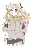  1girl backpack bag blonde_hair blue_hair cowboy_shot green_scarf grin highres jacket long_hair looking_at_viewer namori plaid plaid_scarf scarf smile solo teeth toshinou_kyouko white_background winter winter_clothes yuru_yuri 