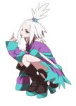  1girl blue_eyes boots bra_strap dress forehead freckles gym_leader hair_bobbles hair_ornament looking_at_viewer middle_finger mura_(lambmam) pokemon pokemon_(game) pokemon_bw2 roxie_(pokemon) solo squatting striped striped_dress tongue tongue_out topknot white_background white_hair 