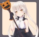  1girl bangs black_gloves blush breasts cape closed_mouth earrings eyebrows_visible_through_hair food_themed_earrings gloves grey_hair halloween hands_up highres holding jewelry long_hair looking_at_viewer orange_eyes original parufeito pumpkin pumpkin_earrings sidelocks simple_background small_breasts smile solo 