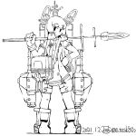 1girl dated dress eyebrows_visible_through_hair gloves holding holding_spear holding_weapon kantai_collection loafers long_hair monochrome polearm rigging shoes sidelocks signature solo spear task_(s_task80) thigh_strap torpedo_tubes turret twitter_username weapon white_background 