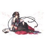  1girl animal_ears anju_(utawarerumono) bangs black_hakama bracelet braid earrings floating_hair full_body hakama hand_on_own_knee highres japanese_clothes jewelry knee_up long_hair official_art sitting solo tail transparent_background utawareru_mono utawareru_mono:_lost_frag very_long_hair yellow_eyes 