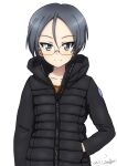  1girl artist_name black_jacket blue_eyes bukkuri casual closed_mouth commentary dated down_jacket girls_und_panzer glasses grey_hair hand_in_pocket highres jacket long_sleeves looking_at_viewer rimless_eyewear rumi_(girls_und_panzer) short_hair signature smile solo standing upper_body zipper 