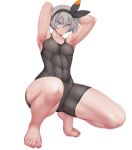  1girl abs arms_behind_head arms_up bangs barefoot bea_(pokemon) black_bodysuit black_hairband blue_eyes blush bodysuit bodysuit_under_clothes bow_hairband breasts closed_mouth collared_shirt covered_navel dark_skin dark-skinned_female feet grey_hair gym_leader hair_between_eyes hairband highres knee_pads long_hair looking_at_viewer muscular muscular_female pokemon pokemon_(game) pokemon_swsh ruton-niki shirt short_hair short_sleeves small_breasts squatting sweat thighs tied_shirt toned white_background white_shirt 