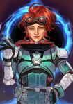  1girl apex_legends armor blue_eyes bodysuit closed_mouth goggles hand_on_hip hand_up hankuri horizon_(apex_legends) hankuri looking_at_viewer redhead short_hair smile solo waving 