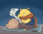  blanket blush closed_eyes clothed_pokemon commentary_request cup drowzee gama3taro gen_1_pokemon gen_2_pokemon highres holding holding_cup liquid open_clothes open_mouth open_vest pokemon pokemon_(creature) scarf signature sitting steam swinub tongue vest 