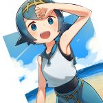  1girl bangs blue_eyes blue_hair blue_pants blue_sailor_collar blush bongnom clouds commentary day eyebrows_visible_through_hair freckles hairband highres lana_(pokemon) one-piece_swimsuit open_mouth outdoors pants pokemon pokemon_(game) pokemon_sm sailor_collar shirt shore short_hair sky sleeveless smile solo sweat swimsuit swimsuit_under_clothes teeth tongue trial_captain 