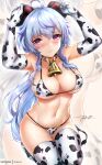  1girl ahoge animal_print arms_up bangs bare_shoulders bell black_bodysuit blue_hair blush bodysuit breasts closed_mouth cow_print cowbell elbow_gloves ganyu_(genshin_impact) genshin_impact gloves goat_horns horns large_breasts long_hair looking_at_viewer navel rei_kun sidelocks signature thigh-highs thighs violet_eyes white_gloves white_legwear 