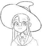  1girl bangs blunt_bangs cloak collared_shirt dot_nose english_commentary eyebrows_visible_through_hair face greyscale hat highres kagari_atsuko little_witch_academia long_hair looking_away looking_to_the_side monochrome roxlyn166 shirt sideways_glance simple_background smile solo straight_hair upper_body white_background witch_hat 