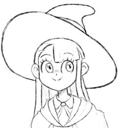  1girl bangs blunt_bangs cloak collared_shirt dot_nose english_commentary eyebrows_visible_through_hair face greyscale hat highres kagari_atsuko little_witch_academia long_hair looking_away looking_to_the_side monochrome roxlyn166 shirt sideways_glance simple_background smile solo straight_hair upper_body white_background witch_hat 