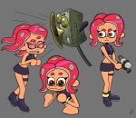  1girl :3 agent_8_(splatoon) artist_name black_footwear black_skirt boots character_sheet closed_eyes closed_mouth commentary crop_top cropped_torso dark_skin dot_nose frown full_body grey_background looking_to_the_side medium_hair miniskirt multiple_views octarian octoling open_mouth orange_eyes pencil_skirt pink_hair raised_eyebrow roxlyn166 signature skirt sleeveless smile sparkle splatoon_(series) splatoon_2 standing suction_cups tentacle_hair thick_eyebrows thigh_strap weapon 