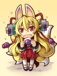  1girl animal_ears bangs blonde_hair chibi fang flying_sweatdrops fox_ears fox_tail hair_ornament hakama_skirt izuna_(shinrabanshou) long_hair looking_at_viewer multiple_tails open_mouth pigeon-toed red_eyes sandals saru_000 scroll shinrabanshou simple_background slit_pupils solo tail thigh-highs very_long_hair white_legwear wide_sleeves yellow_background 
