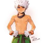  1boy character_name gloves goalkeeper headband ibuki_munemasa inazuma_eleven_(series) inazuma_eleven_go inazuma_eleven_go_galaxy looking_at_viewer male mizuhara_aki navel nipples shinsei_inazuma_japan shirtless simple_background soccer_uniform solo white_background white_hair 