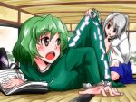  2girls blue_skirt blush book brown_eyes commentary_request curious dress dress_lift embarrassed finger_to_chin green_dress green_hair hat hat_removed head_tilt headwear_removed indoors japanese_clothes kai_(gunbollgx) long_hair looking_back lying mononobe_no_futo multiple_girls on_stomach open_book open_mouth ponytail short_hair silver_hair skirt soga_no_tojiko squatting teeth tongue touhou 