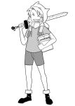  1boy adventure_time artist_self-insert atokniiro backpack bag book boots closed_eyes couple finn finn_(cosplay) grin hat hood male math monochrome original parted_lips shorts simple_background smile solo solo_focus standing sword weapon white_background 