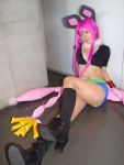   animal_ears boots rabbit_ears cosplay croptop getsumento_heiki_miina kohina midriff photo purple_hair shiwasu_mina shorts  