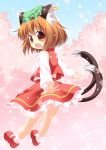  1girl :3 animal_ears brown_eyes brown_hair cat_ears cat_tail chen cherry_blossoms earrings fang hat jewelry looking_back multiple_tails pila-pela solo tail touhou 