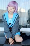  cardigan cosplay knee_socks maisaki_ririka_(model) nagato_yuki photo purple_hair sailor_uniform school_uniform suzumiya_haruhi_no_yuuutsu 