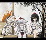  animal_ears auer bamboo black_hair capcom crossover dango dog_ears eating food hat inubashiri_momiji letterboxed nose_bubble okami payot poking shameimaru_aya sitting sleeping tokin_hat touhou veranda wagashi white_hair wind_chime wolf wolf_ears 