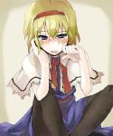  alice_margatroid bangs black_legwear blonde_hair blue_dress blue_eyes capelet crying dress head_in_hand indian_style leaning_forward looking_at_viewer mochiki necktie nose_blush oekaki pantyhose sash sitting solo stockings streaming_tears tears thigh-highs touhou wiping_tears 