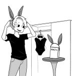  1boy animal_costume animal_ears artist_self-insert atokniiro book bunny_costume bunnysuit closet clothes_hanger couple fake_animal_ears looking_at_another male math monochrome open_mouth original rabbit_ears smile solo solo_focus standing 