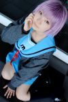  cardigan cosplay knee_socks maisaki_ririka_(model) nagato_yuki photo purple_hair sailor_uniform school_uniform suzumiya_haruhi_no_yuuutsu 