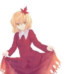  1girl aki_shizuha blonde_hair leaf looking_at_viewer masa07240 short_hair simple_background skirt_hold smile solo touhou white_background yellow_eyes 
