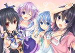  4girls armor armored_dress black_hair blue_eyes blue_hair bow breasts choujigen_game_neptune date_a_live hair_ornament heart jewelry kaguyuu long_hair looking_at_viewer multiple_girls necklace neptune_(choujigen_game_neptune) noire open_mouth purple_hair red_eyes short_hair smile star tagme twintails v very_long_hair violet_eyes yatogami_tooka yoshino_(date_a_live) 