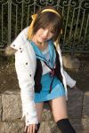  cardigan coat cosplay hair_ribbons kipi-san photo sailor_uniform school_uniform suzumiya_haruhi suzumiya_haruhi_no_yuuutsu thigh-highs 