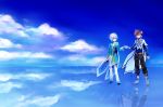  2boys belt blue_eyes boots brown_hair cape clouds coat fist_bump male miclio_(tales) miyu_(matsunohara) multiple_boys pants reflection shoes sky slay_(tales) smile standing tales_of_(series) tales_of_zestiria violet_eyes white_hair 