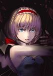 1girl adapted_costume alice_margatroid blonde_hair blue_eyes breasts capelet cleavage culter dress fingerless_gloves gloves hairband short_hair solo strapless_dress string touhou 