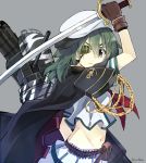  1girl cape eyepatch gloves green_eyes green_hair hat kantai_collection kiso_(kantai_collection) looking_at_viewer midriff navel orda personification school_uniform serafuku short_hair short_sleeves simple_background skirt solo sword weapon 