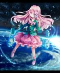  1girl earth face_mask fox_mask hata_no_kokoro letterboxed long_hair long_sleeves mask nikkunemu oni_mask outstretched_arm outstretched_hand pink_hair shirt skirt solo space touhou very_long_hair violet_eyes wide_sleeves 