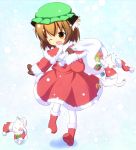  1girl animal_ears bell brown_eyes brown_hair cat cat_ears cat_tail chen christmas earrings fang gift gloves hat highres jewelry multiple_tails pila-pela ribbon snow solo tail touhou wink 