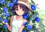  1girl flower hat original purple_hair short_hair smile solo tan_(tangent) violet_eyes 