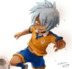  1boy ball blue_hair character_name inazuma_eleven_(series) inazuma_eleven_go kurama_norihito lightning_bolt male mizuhara_aki navel open_mouth raimon short_hair simple_background soccer_ball soccer_uniform solo sweat telstar white_background 