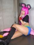   animal_ears boots rabbit_ears cosplay croptop getsumento_heiki_miina kohina midriff photo purple_hair shiwasu_mina shorts  