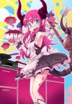  apron bad_food blue_eyes breasts claws detached_sleeves dress fang fate/extra_ccc fate_(series) frying_pan hair_ribbon horns kangakuraku12 lancer_(fate/extra_ccc) long_hair octopus oven pink_hair pointy_ears ribbon sideboob spaghetti tail tears tentacles two_side_up wavy_mouth 