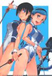  2girls arrow arrow_(projectile) bare_shoulders black_hair blue_eyes blue_hair bodysuit bow bow_(weapon) dual_wielding highres holding_sword holding_weapon kizaki_emi kurogane_no_linebarrel legs mound_of_venus official_art ohba_makishi open_mouth orange_eyes shimoguchi_tomohiro smile sword weapon 