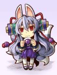  1girl alternate_color alternate_hair_color animal_ears bangs chibi fox_ears fox_tail frown grey_background grey_hair hair_ornament hakama_skirt izuna_(shinrabanshou) long_hair looking_at_viewer multiple_tails pigeon-toed red_eyes sandals saru_000 scroll shinrabanshou simple_background slit_pupils solo tail thigh-highs very_long_hair white_legwear wide_sleeves 