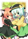  2girls animal_ears braid cat_ears cat_tail green_eyes green_hair hair_ribbon hat holding_hands kaenbyou_rin kemonomimi_mode komeiji_koishi multiple_girls multiple_tails pila-pela redhead ribbon tail touhou 