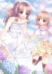  2girls ameya_kirika blush brown_eyes brown_hair dress flower happy highres long_hair multiple_girls original rainbow short_hair sky surprised thigh-highs umbrella water_drop 