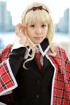   blazer blonde_hair cape cosplay hair_bow maritsuki_haru mashiro_rima photo school_uniform shugo_chara! tartan  