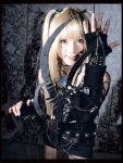 amane_misa blades blonde_hair cosplay death_note elbow_gloves fishnet_stockings kipi-san lace photo thigh-highs torn_clothes twintails 